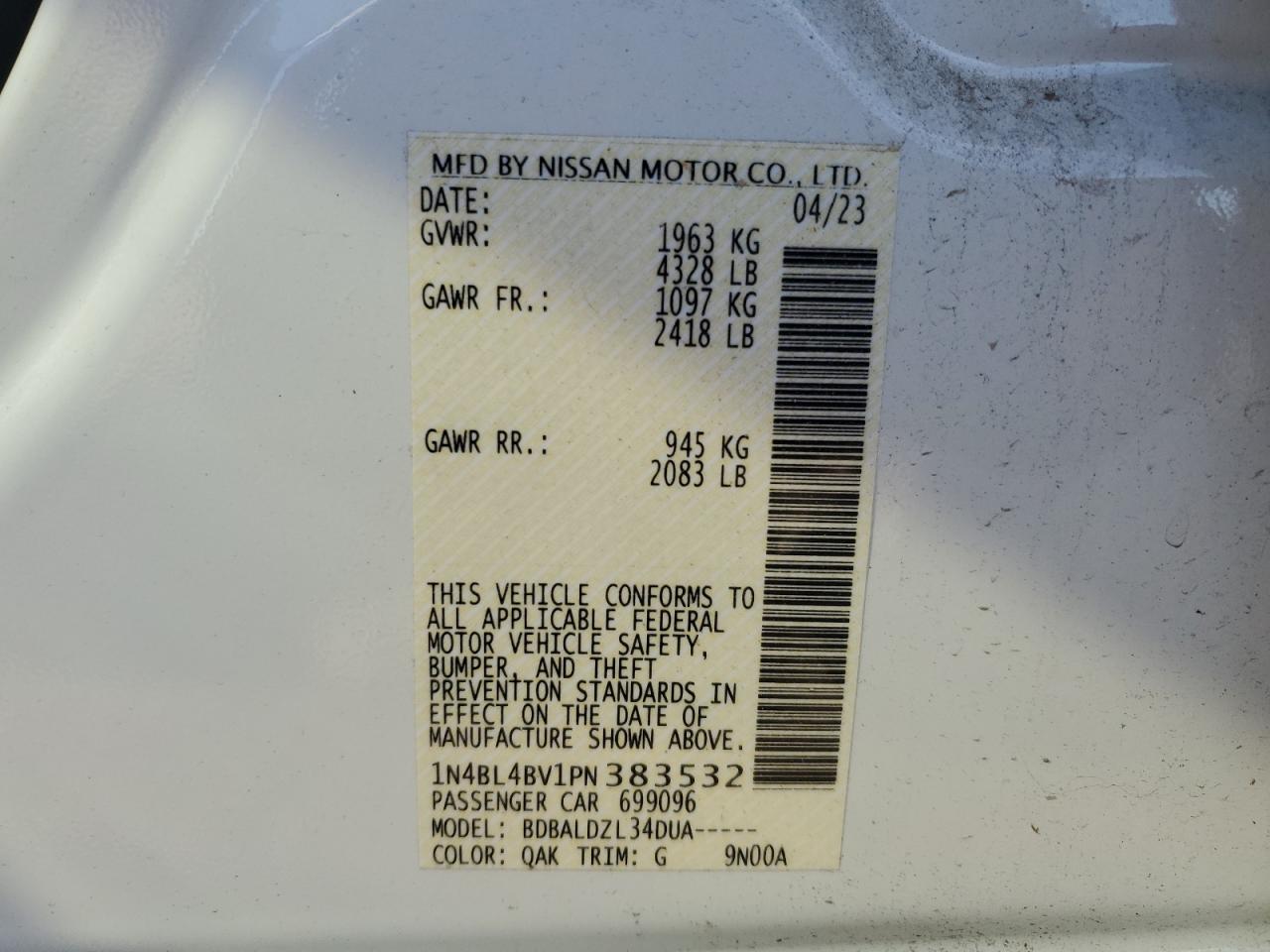 2023 NISSAN ALTIMA S VIN:1N4BL4BV1PN383532