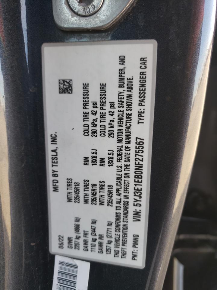 2022 TESLA MODEL 3 VIN:5YJ3E1EB0NF275567