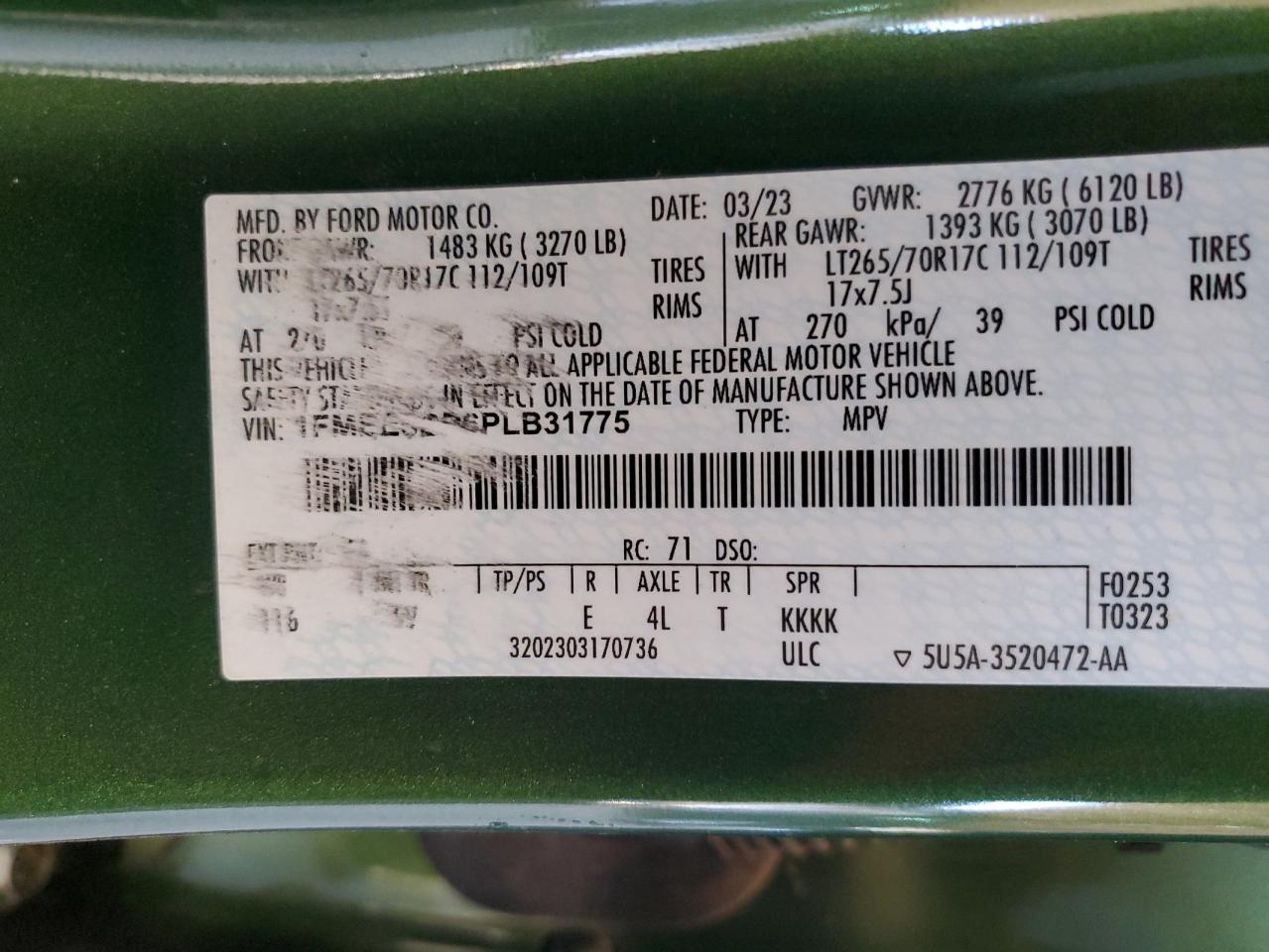 2023 FORD BRONCO BASE VIN:1FMEE5BP6PLB31775