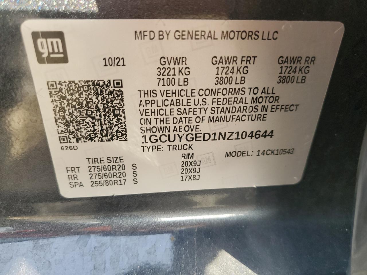 2022 CHEVROLET SILVERADO LTD K1500 LTZ VIN:1GCUYGED1NZ104644