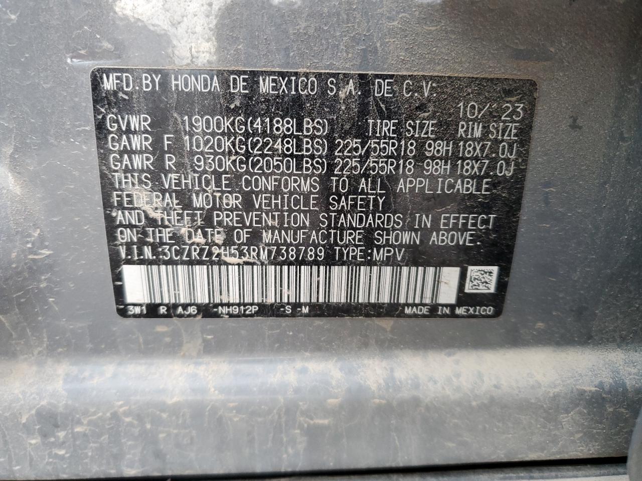 2024 HONDA HR-V SPORT VIN:3CZRZ2H53RM738789