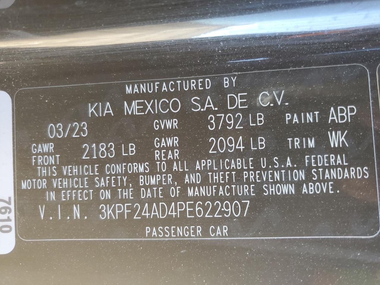 2023 KIA FORTE LX VIN:3KPF24AD4PE622907