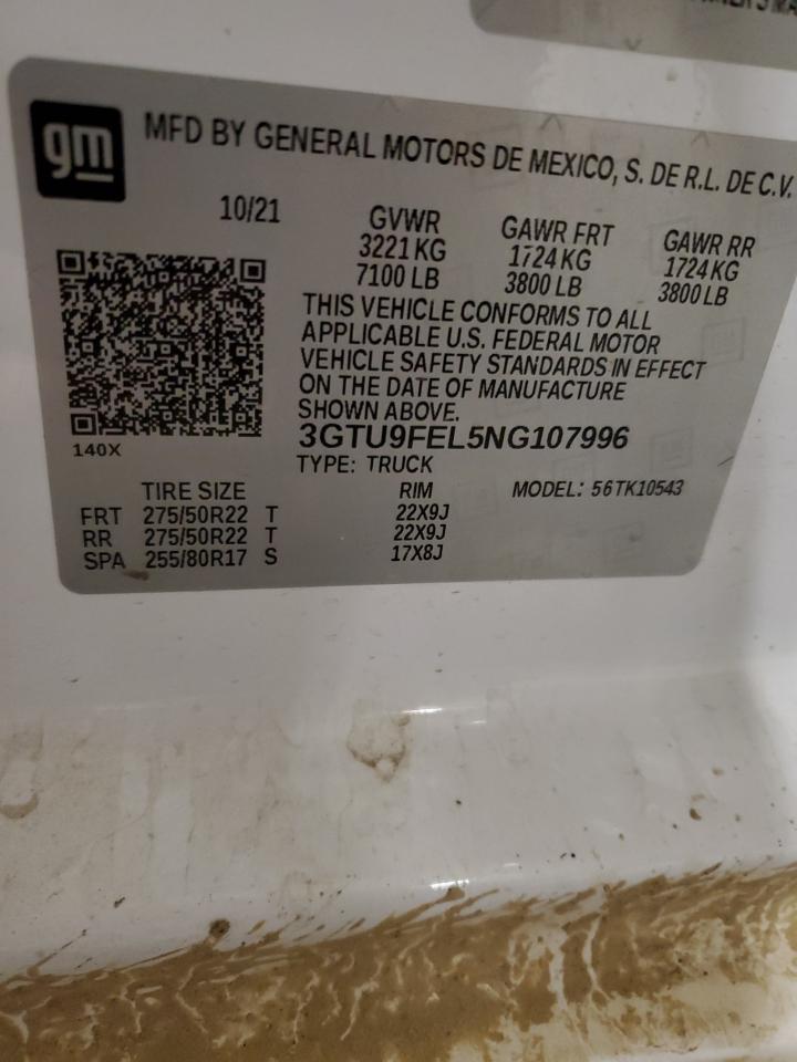 2022 GMC SIERRA LIMITED K1500 DENALI VIN:3GTU9FEL5NG107996