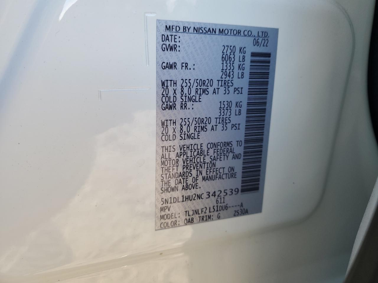 2022 INFINITI QX60 AUTOGRAPH VIN:5N1DL1HU2NC342539