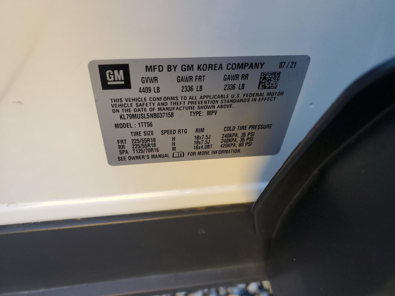 2022 CHEVROLET TRAILBLAZER RS VIN:KL79MUSL5NB037158