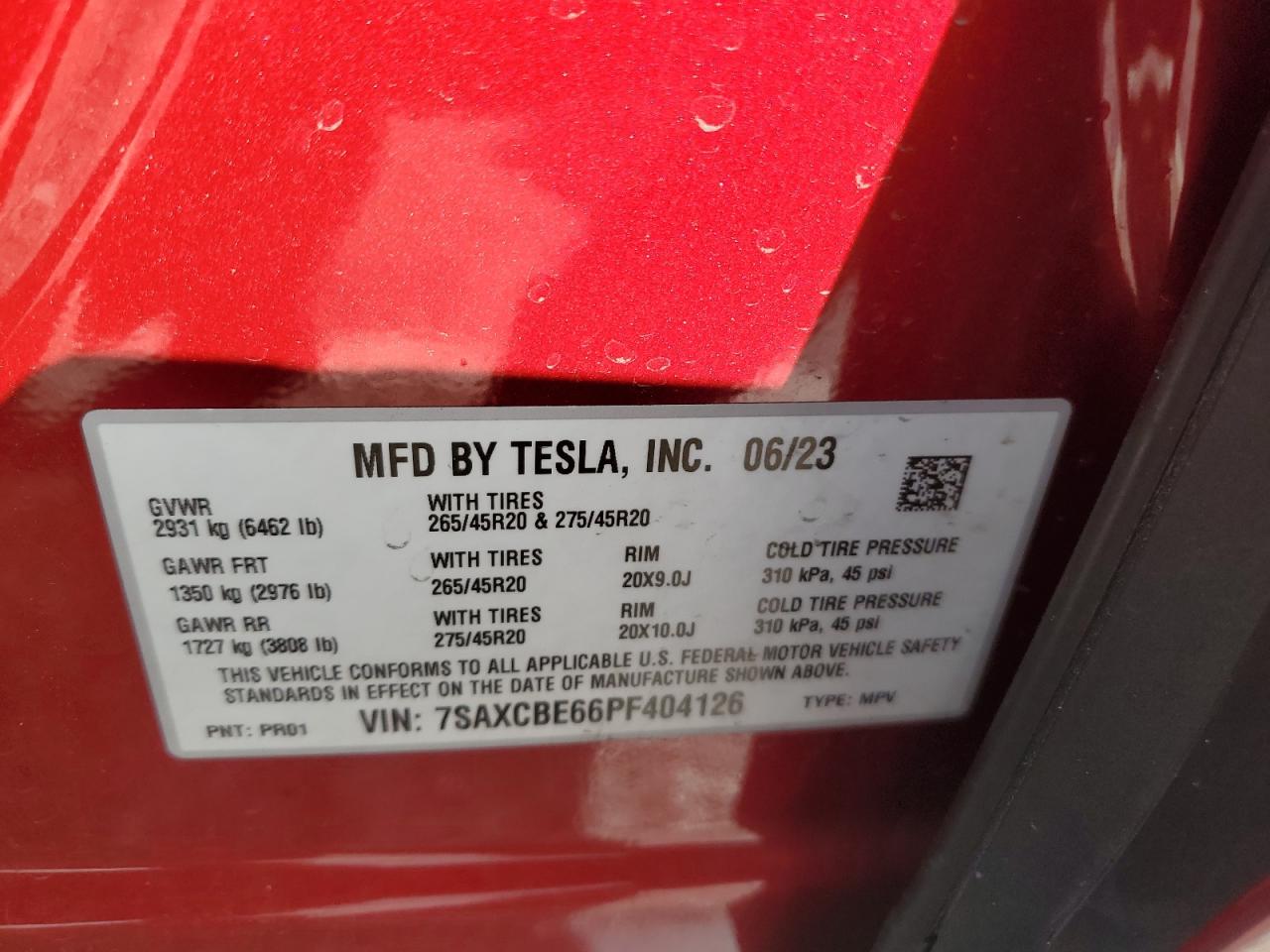 2023 TESLA MODEL X VIN:7SAXCBE66PF404126