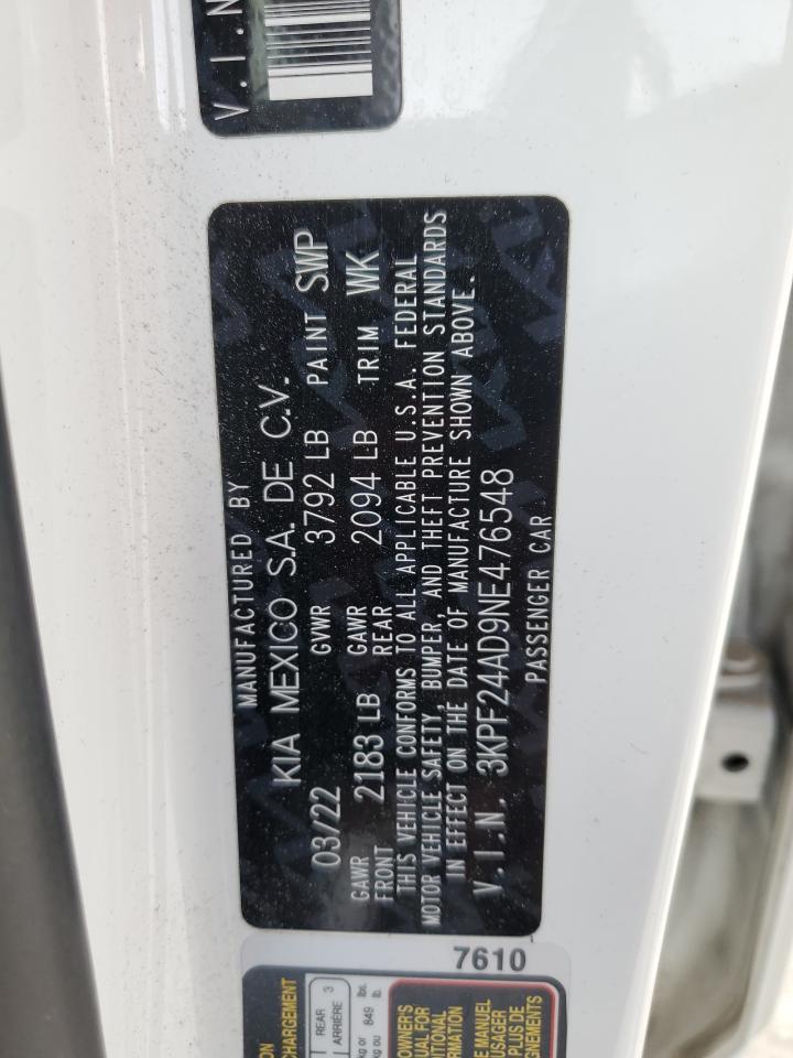 2022 KIA FORTE FE VIN:3KPF24AD9NE476548