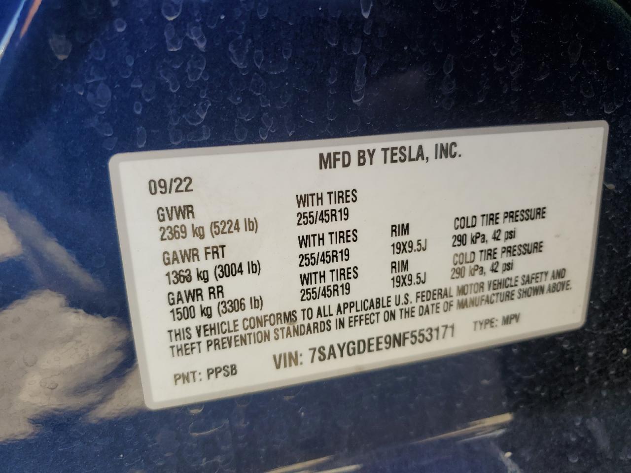 2022 TESLA MODEL Y VIN:7SAYGDEE9NF553171