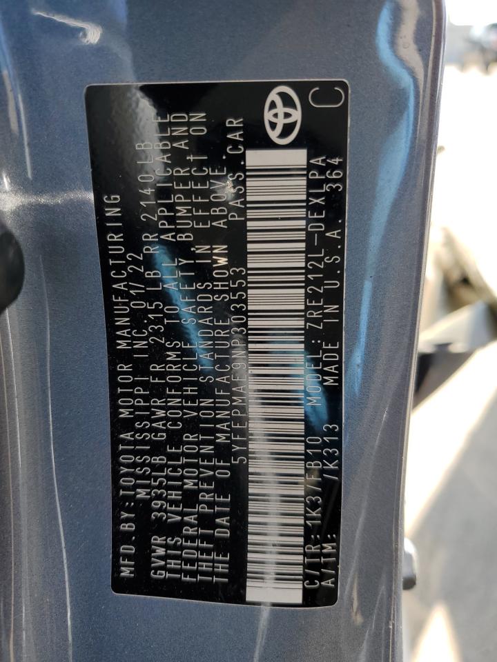 2022 TOYOTA COROLLA LE VIN:5YFEPMAE9NP303553