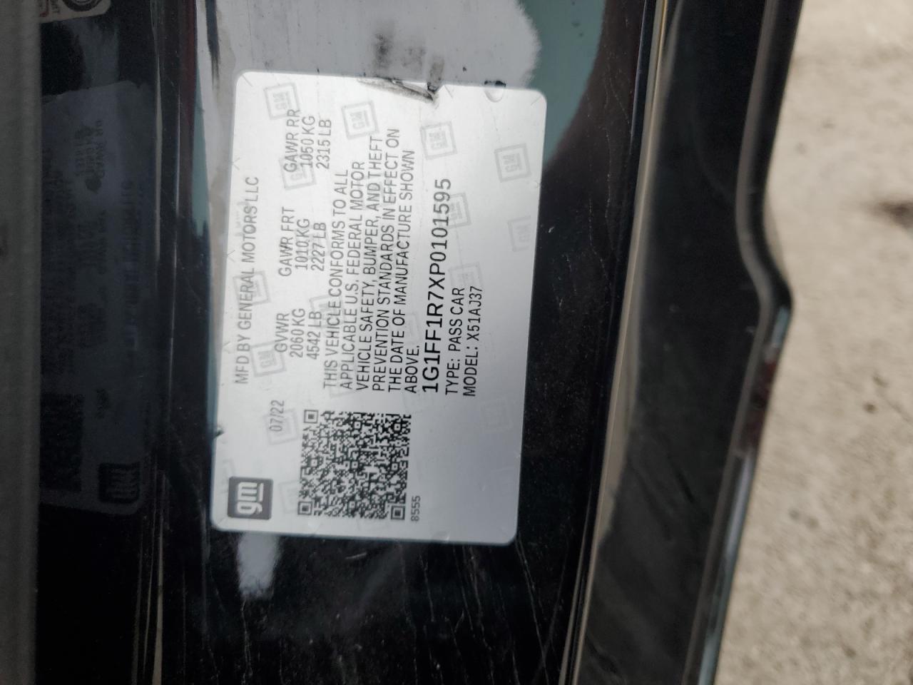 2023 CHEVROLET CAMARO LT1 VIN:1G1FF1R7XP0101595