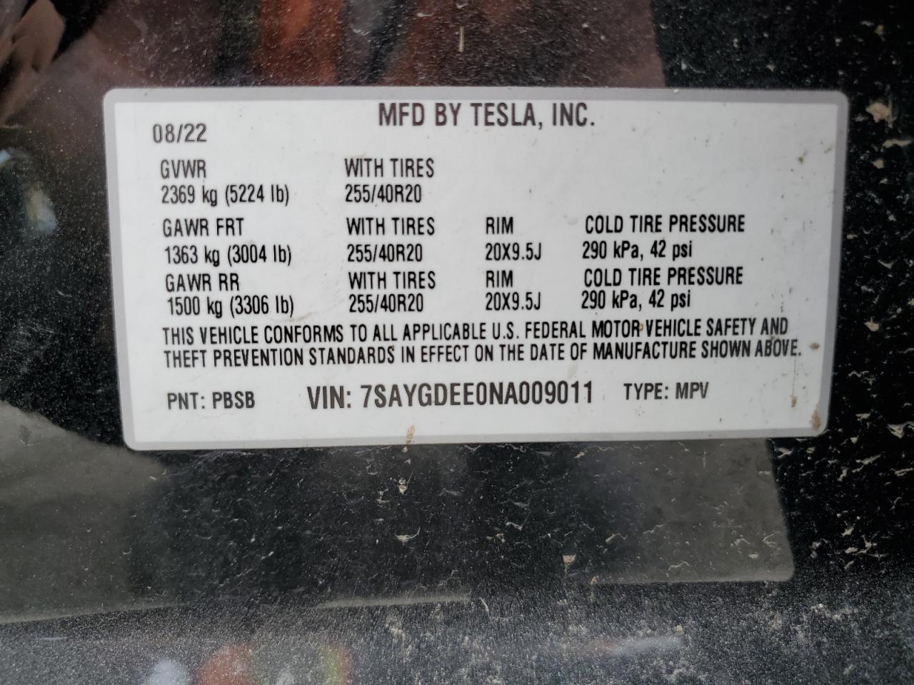 2022 TESLA MODEL Y VIN:7SAYGDEE0NA009011