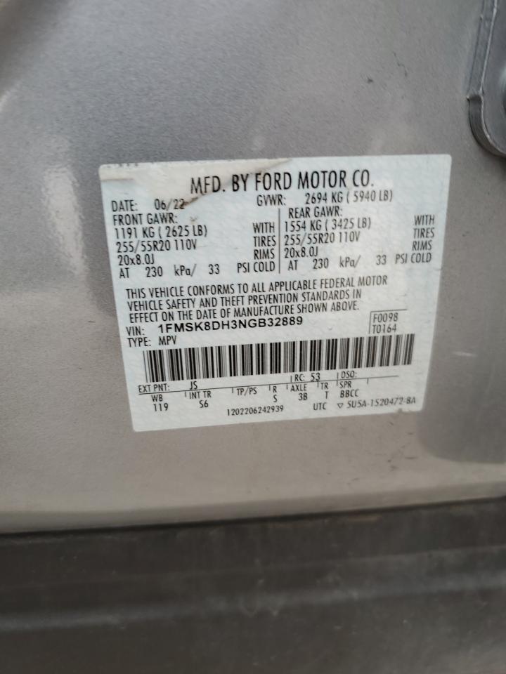 2022 FORD EXPLORER XLT VIN:1FMSK8DH3NGB32889
