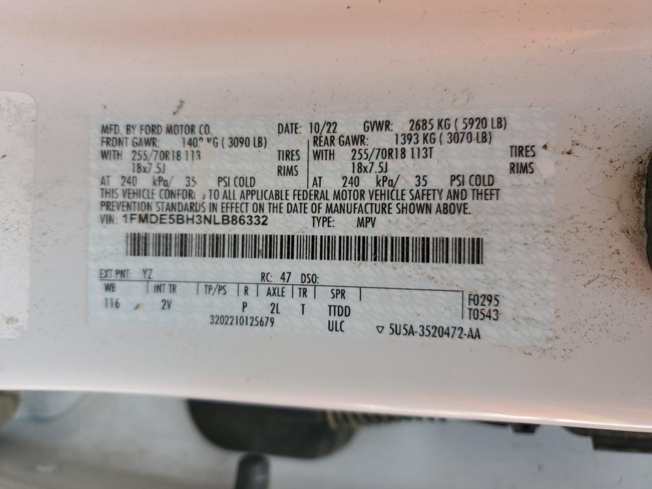 2022 FORD BRONCO BASE VIN:1FMDE5BH3NLB86332