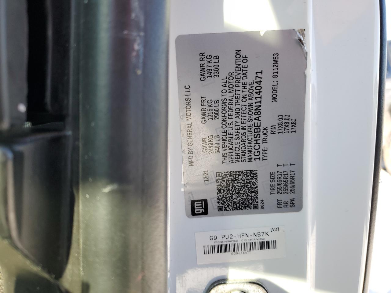 2022 CHEVROLET COLORADO VIN:1GCHSBEA8N1140471