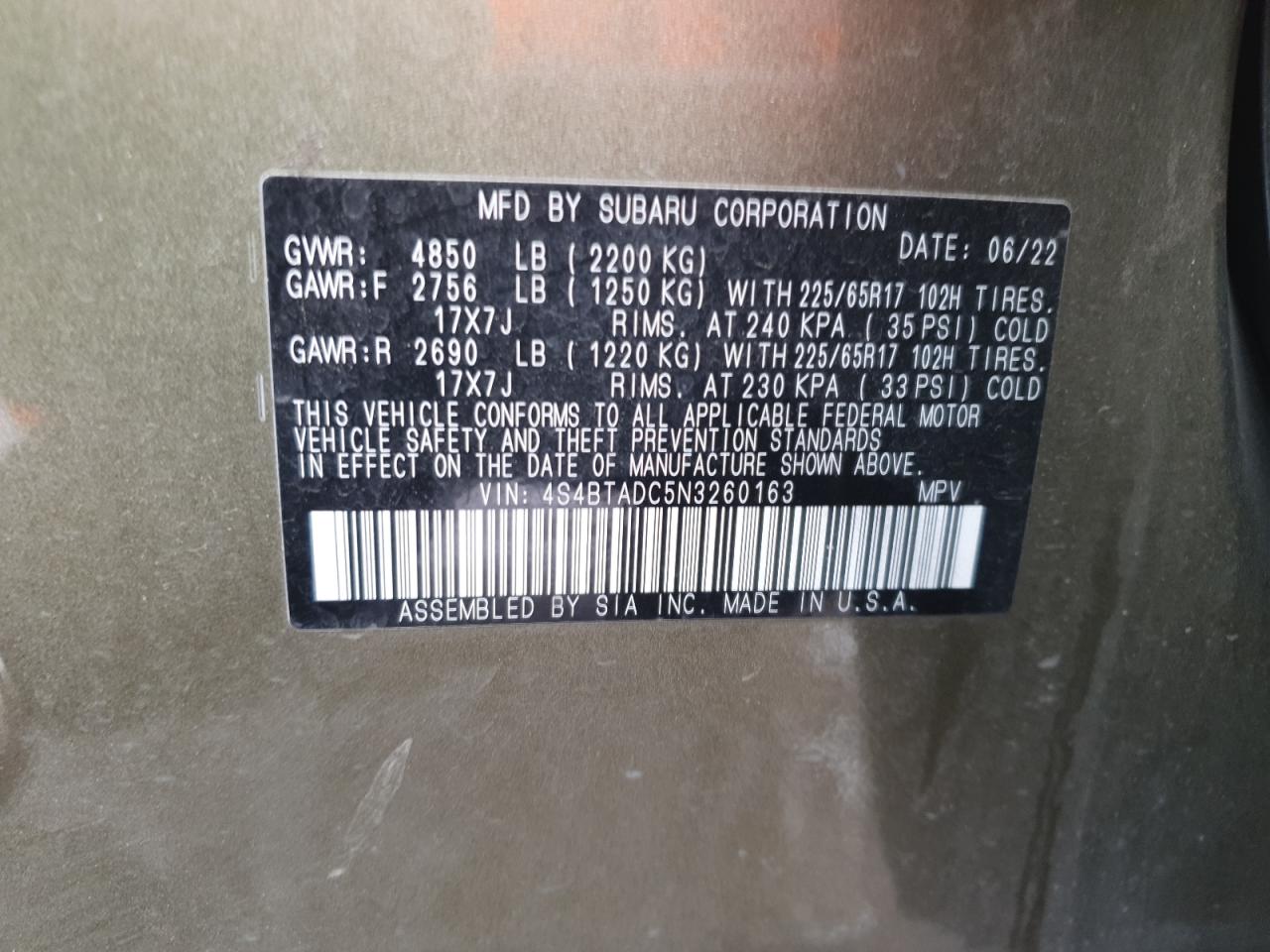 2022 SUBARU OUTBACK PREMIUM VIN:4S4BTADC5N3260163