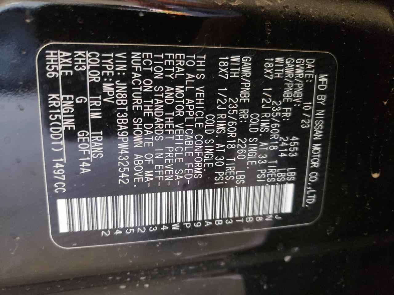 2023 NISSAN ROGUE SV VIN:JN8BT3BA9PW432542