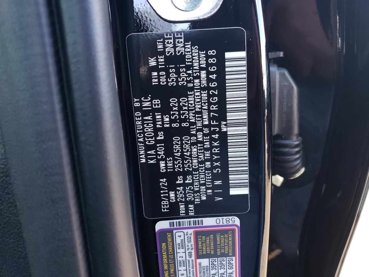 2024 KIA SORENTO SX VIN:5XYRK4JF7RG264688