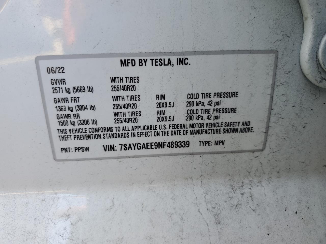 2022 TESLA MODEL Y VIN:7SAYGAEE9NF489339