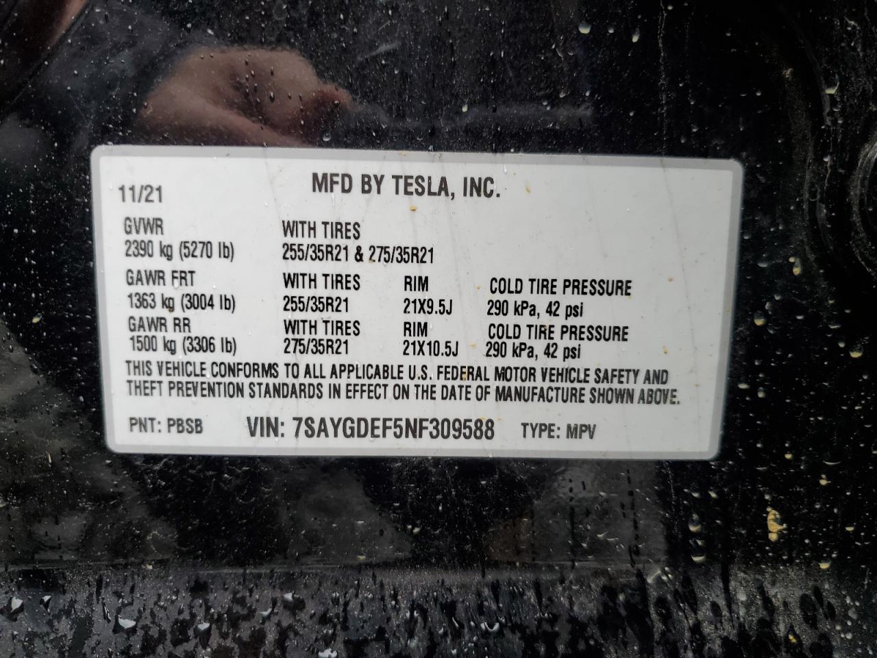2022 TESLA MODEL Y VIN:7SAYGDEF5NF309588