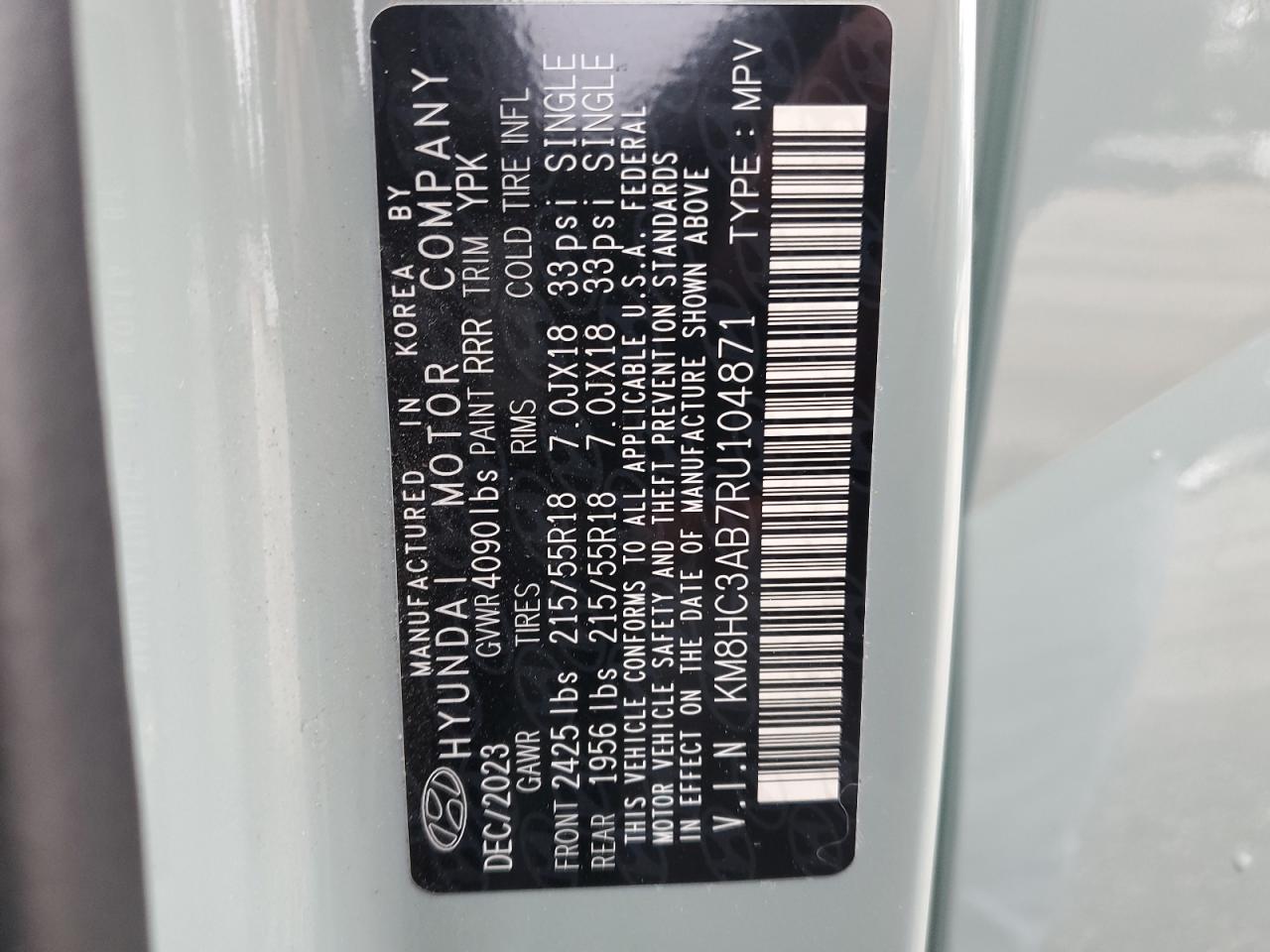 2024 HYUNDAI KONA SEL VIN:KM8HC3AB7RU104871