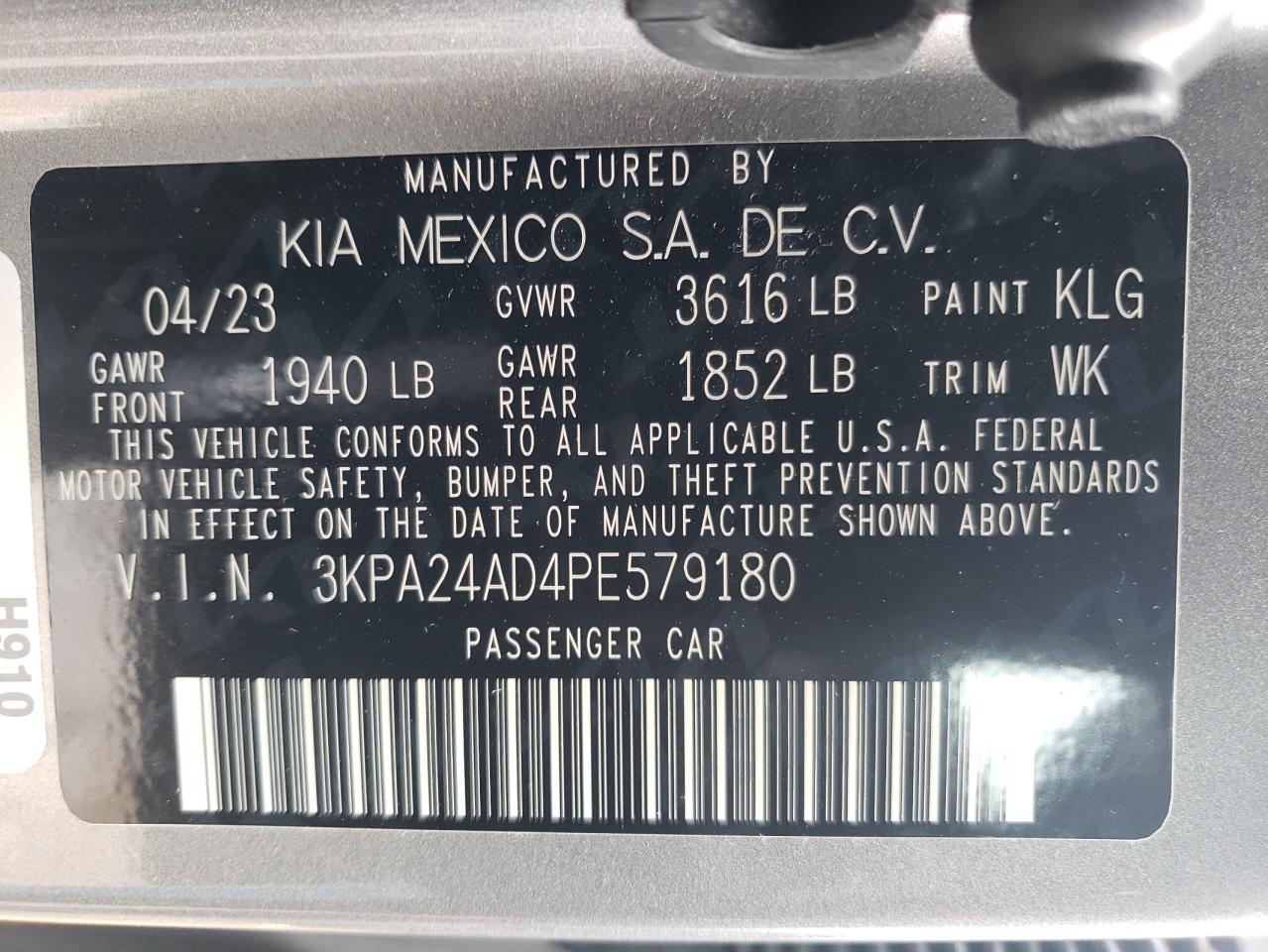2023 KIA RIO LX VIN:3KPA24AD4PE579180