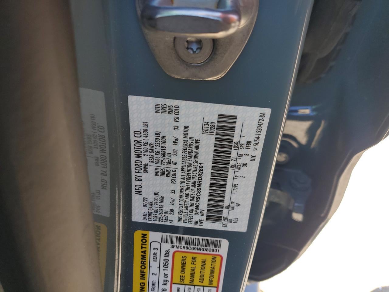 2022 FORD BRONCO SPORT OUTER BANKS VIN:3FMCR9C69NRD82801