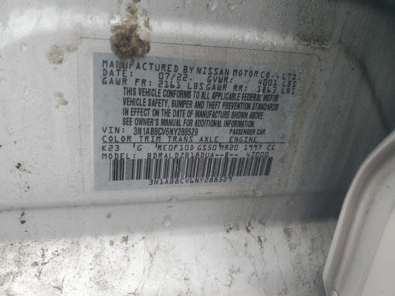 2022 NISSAN SENTRA SV VIN:3N1AB8CV6NY288529