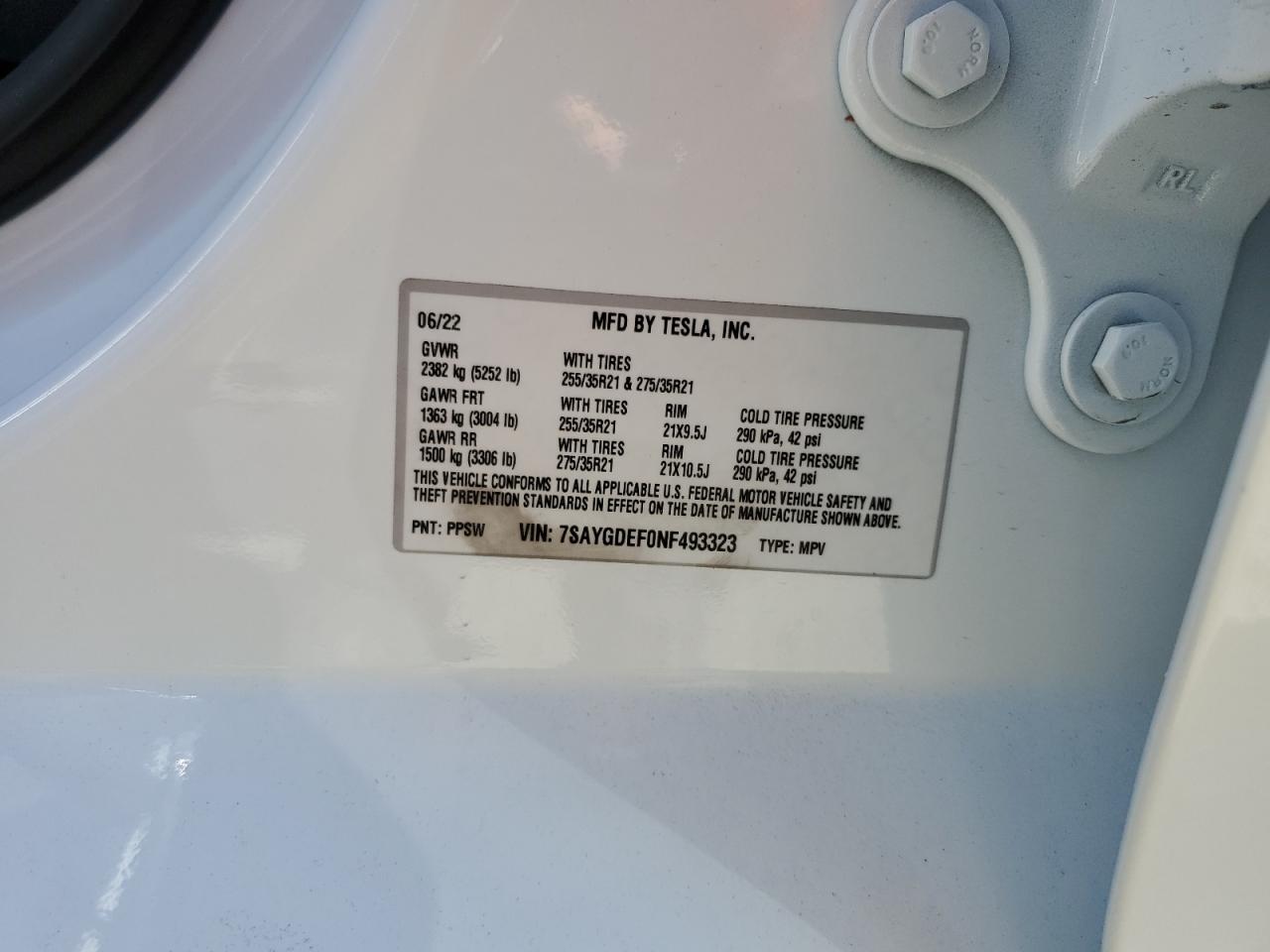 2022 TESLA MODEL Y VIN:7SAYGDEF0NF493323