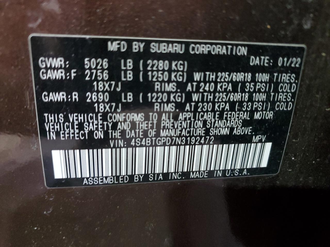 2022 SUBARU OUTBACK TOURING VIN:4S4BTGPD7N3192472