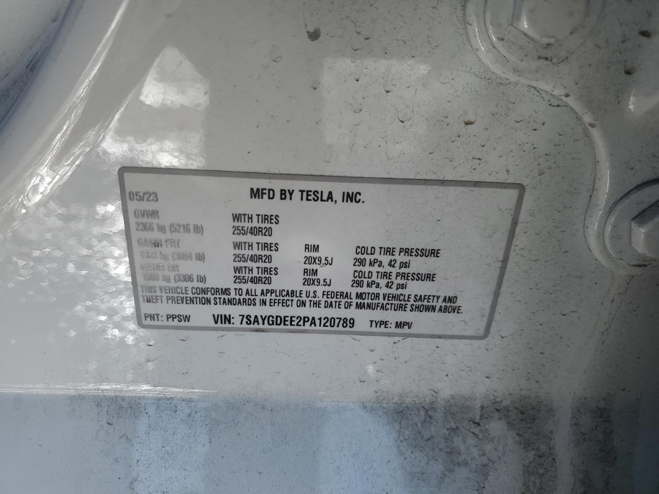 2023 TESLA MODEL Y VIN:7SAYGDEE2PA120789