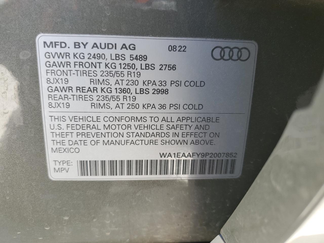2023 AUDI Q5 PREMIUM PLUS 45 VIN:WA1EAAFY9P2007852