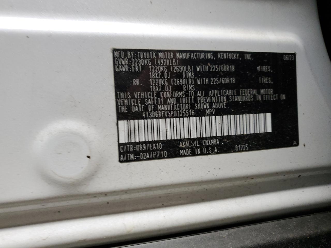 2023 TOYOTA RAV4 XLE PREMIUM VIN:4T3B6RFV5PU125516