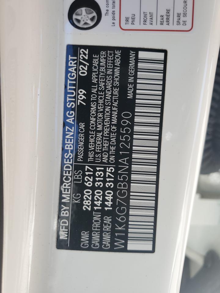 2022 MERCEDES-BENZ S 580 4MATIC VIN:W1K6G7GB5NA125590