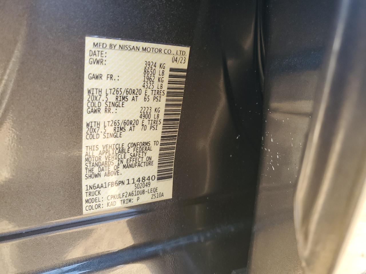 2023 NISSAN TITAN XD SV VIN:1N6AA1FB6PN114840