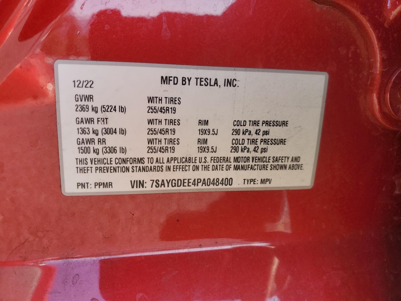 2023 TESLA MODEL Y VIN:7SAYGDEE4PA048400