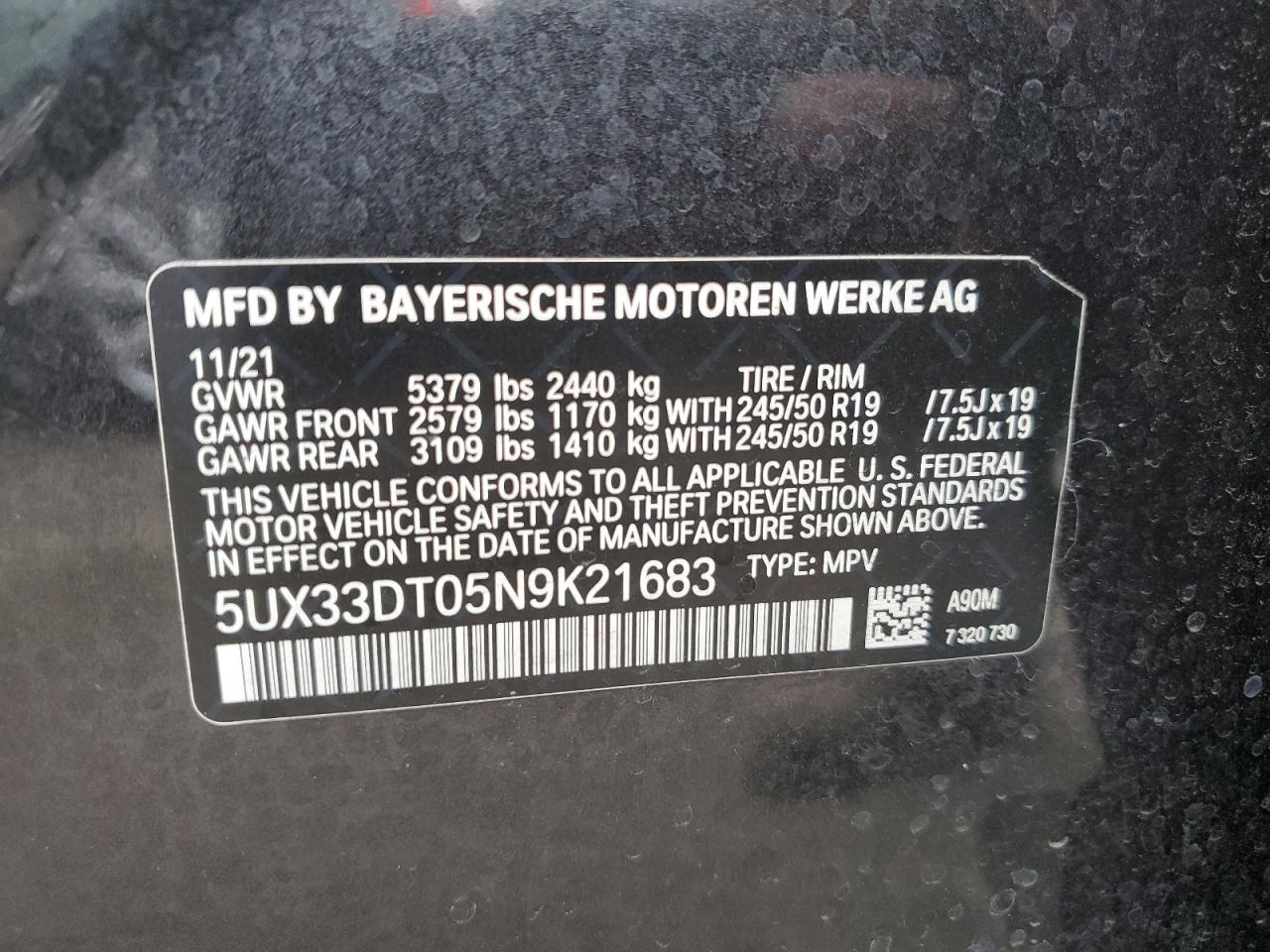 2022 BMW X4 XDRIVE30I VIN:5UX33DT05N9K21683