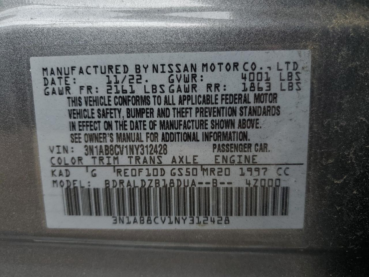 2022 NISSAN SENTRA SV VIN:3N1AB8CV1NY312428