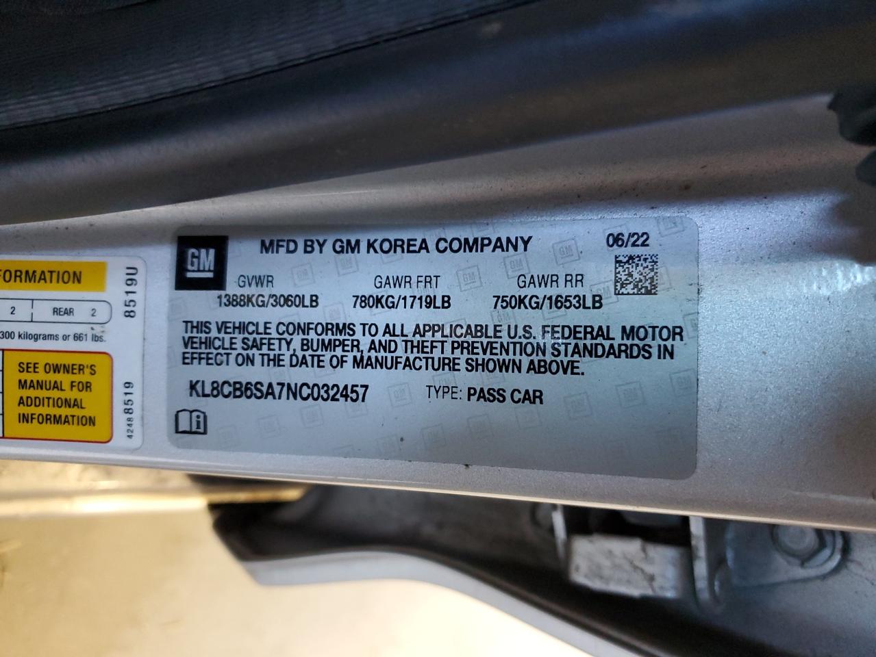 2022 CHEVROLET SPARK LS VIN:KL8CB6SA7NC032457