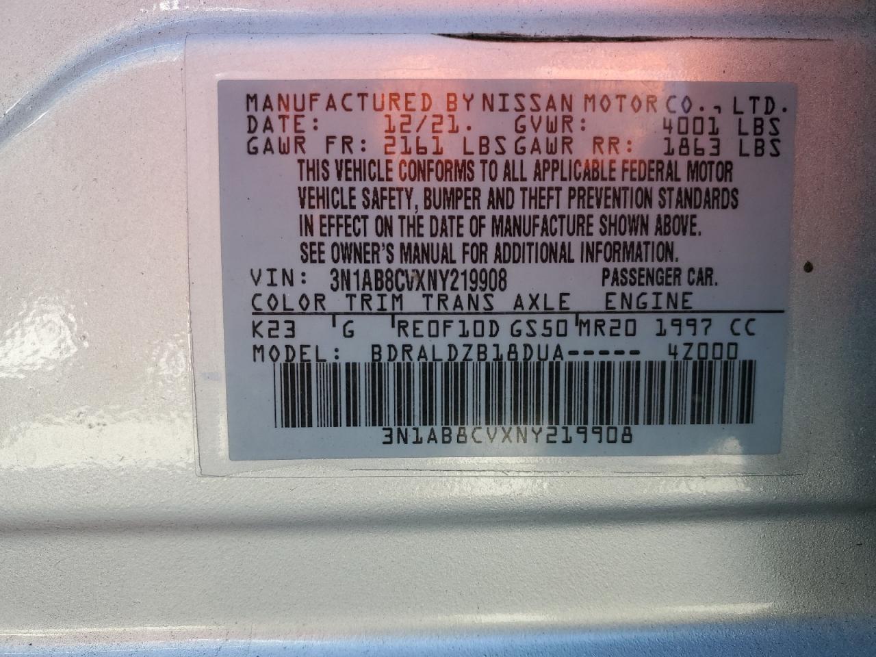 2022 NISSAN SENTRA SV VIN:3N1AB8CVXNY219908