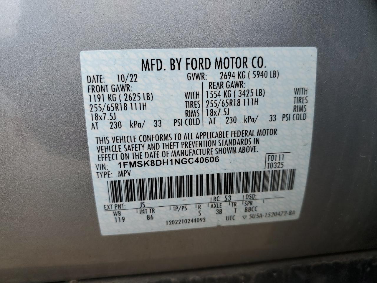 2022 FORD EXPLORER XLT VIN:1FMSK8DH1NGC40606