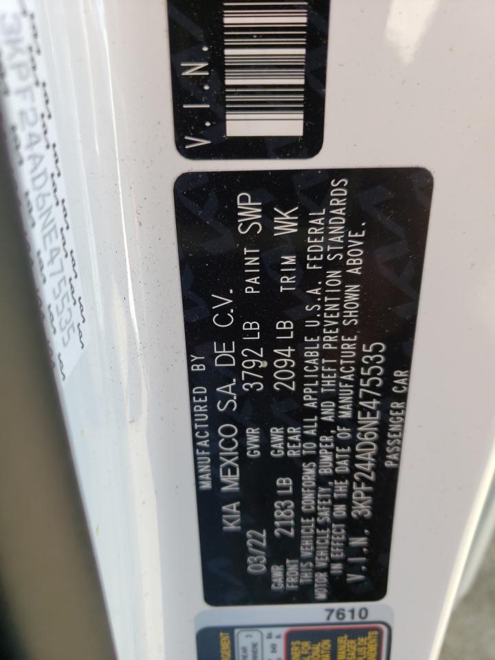 2022 KIA FORTE FE VIN:3KPF24AD6NE475535