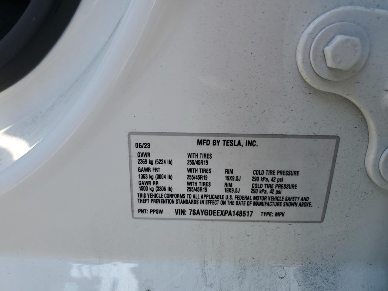 2023 TESLA MODEL Y VIN:7SAYGDEEXPA148517