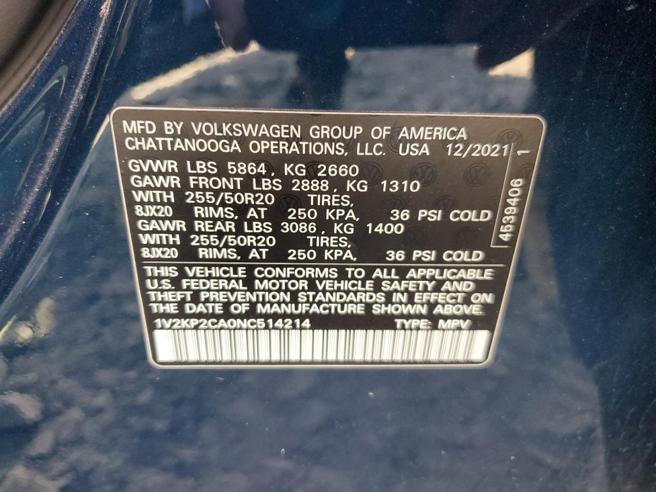 2022 VOLKSWAGEN ATLAS SE VIN:1V2KP2CA0NC514214