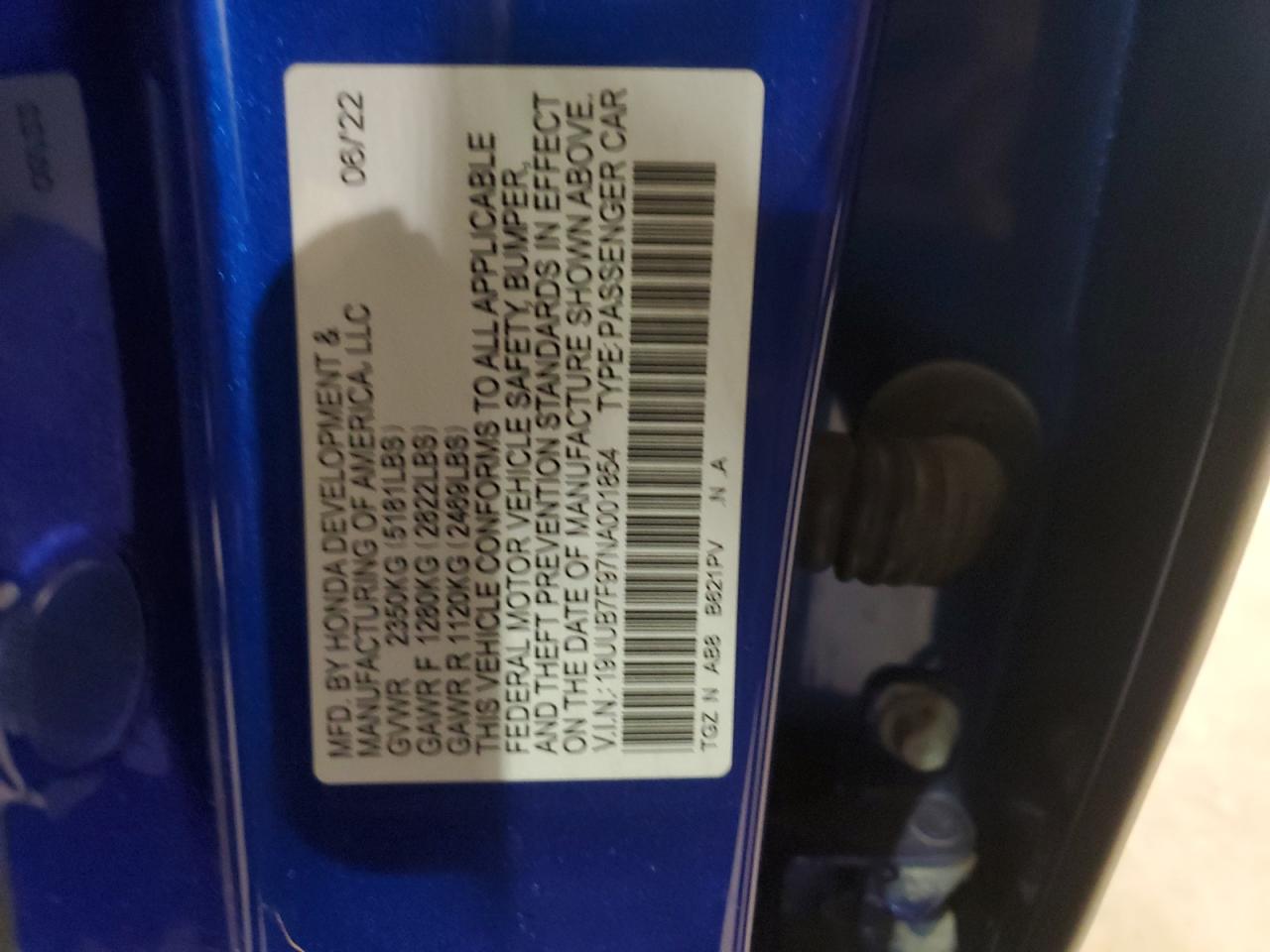 2022 ACURA TLX TYPE S VIN:19UUB7F97NA001854