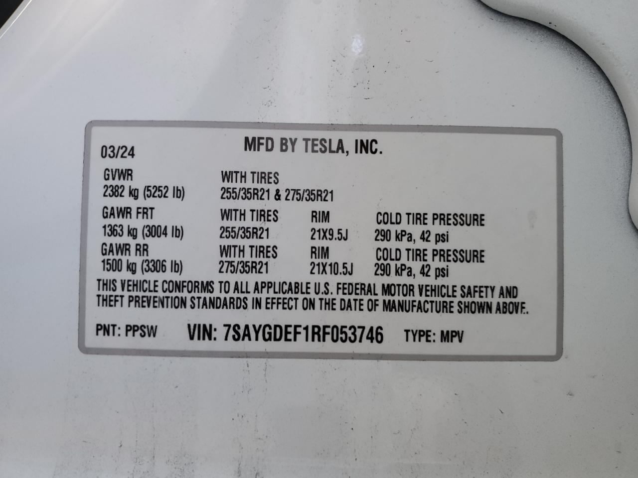 2024 TESLA MODEL Y VIN:7SAYGDEF1RF053746