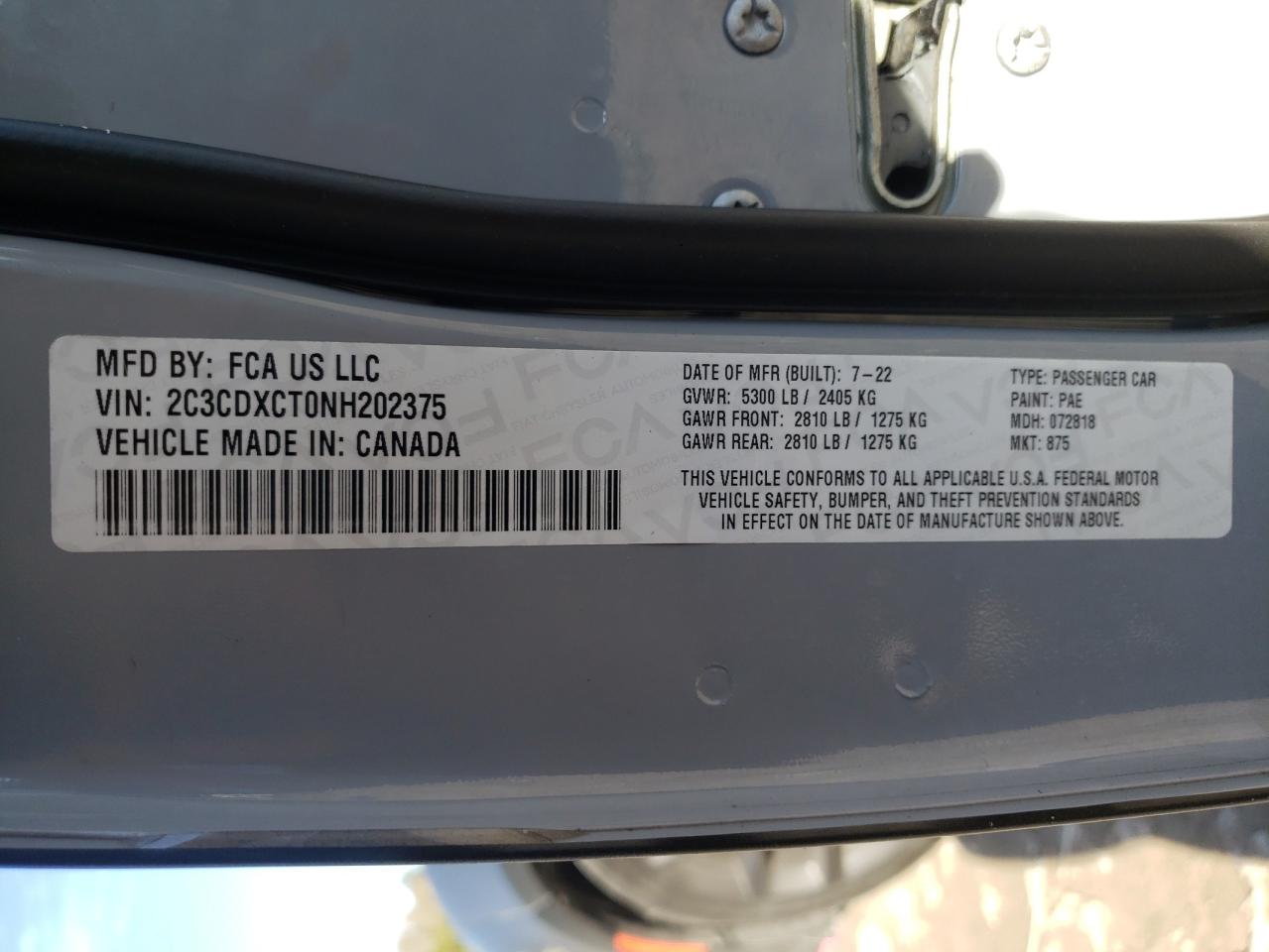 2022 DODGE CHARGER R/T VIN:2C3CDXCT0NH202375