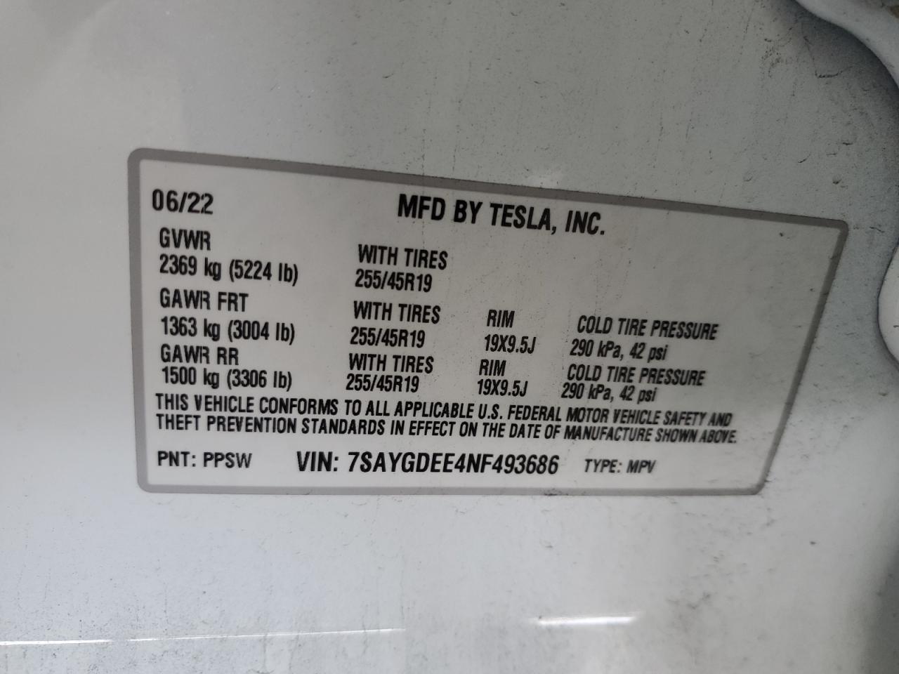 2022 TESLA MODEL Y VIN:7SAYGDEE4NF493686