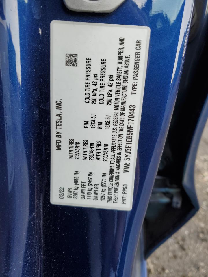 2022 TESLA MODEL 3 VIN:5YJ3E1EB5NF170443