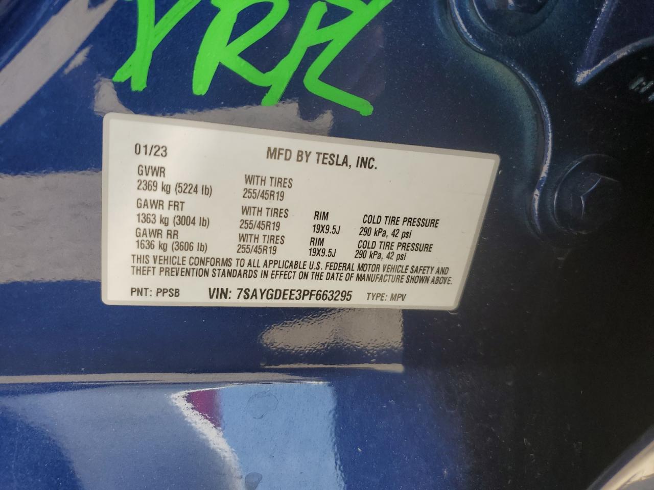 2023 TESLA MODEL Y VIN:7SAYGDEE3PF663295