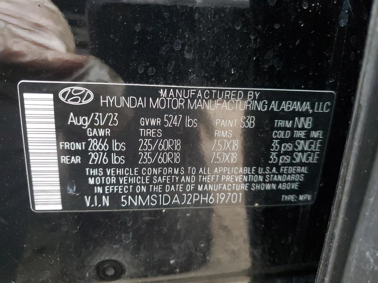 2023 HYUNDAI SANTA FE SE VIN:5NMS1DAJ2PH619701